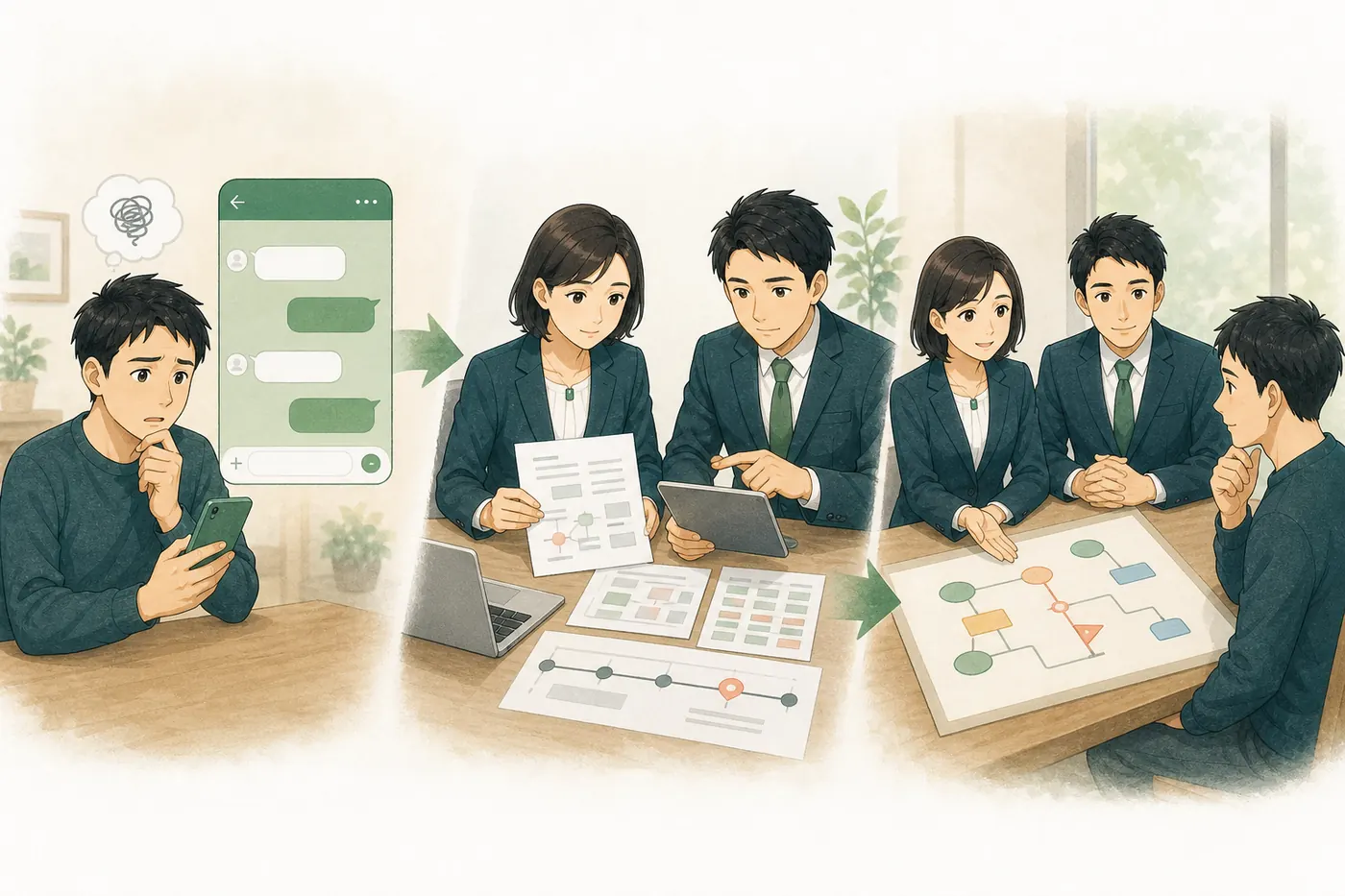 LINE相談から資料整理、選択肢の確認までの流れを示すイラスト