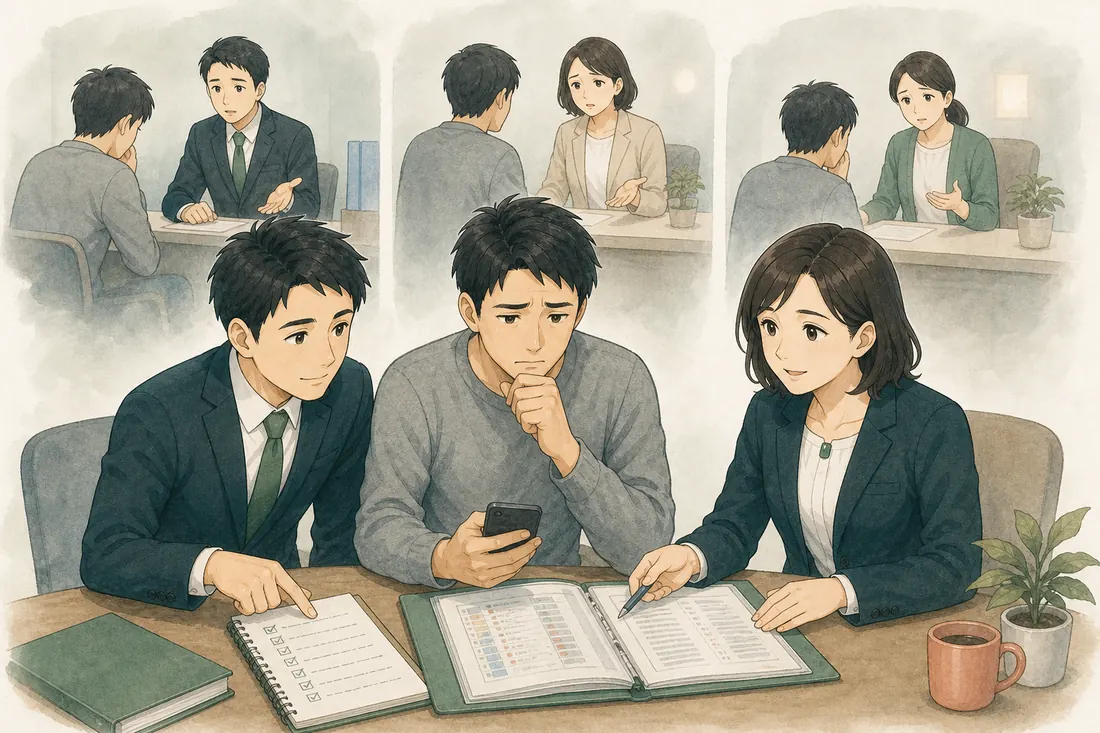 相談員と一緒に資料を整理する相談者のイラスト